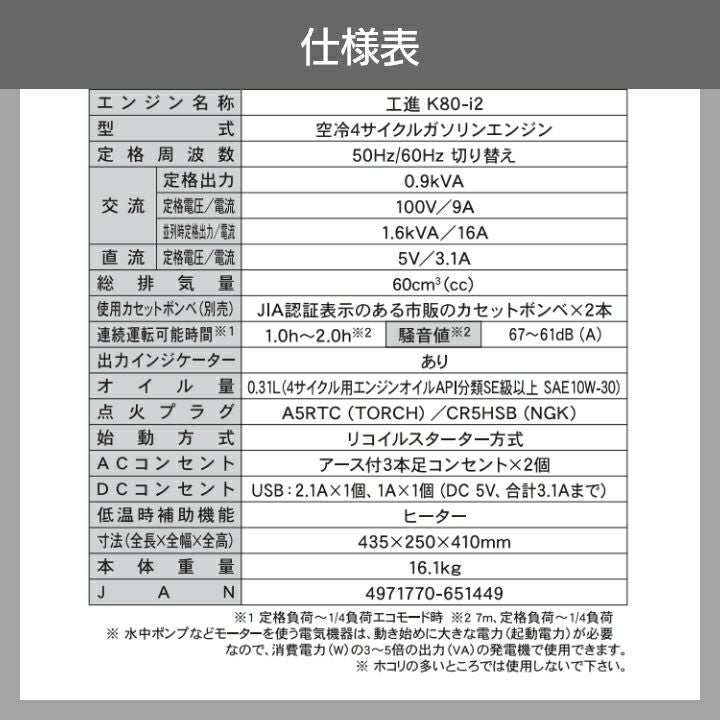 工進 インバーター発電機 GV-9ig 900W 0.9kVA インバータ発電機